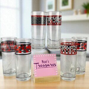 Home Essential CLASSIC GAMES Style 1916 Black Red Motif Highball Glasses Set 6